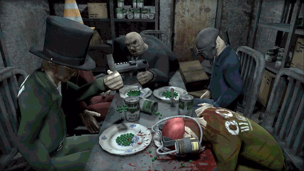 Machine Party screenshot of a top-hatted man, armed figures at a table with peas, and a slumped character.