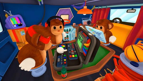 Screenshot of BOMBANANA! showing a brown monkey in headphones beside a control panel.