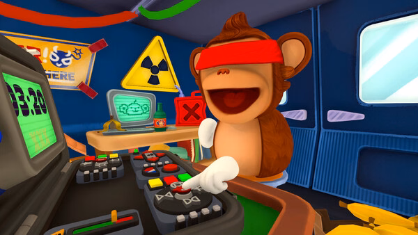 BOMBANANA! screenshot: a smiling monkey in a red blindfold presses a button on a console in a control room.