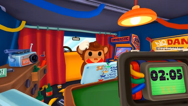 BOMBANANA! screenshot: a cartoon monkey in a chef hat stands inside a food truck; digital clock reads 02:05.