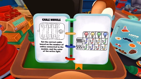 BOMBANANA! screenshot of an open Cable Module manual with colored bulbs and cable diagrams.