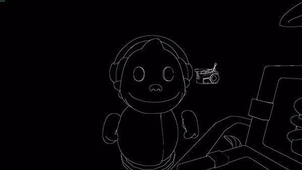 BOMBANANA! screenshot: a white outlined monkey wearing headphones stands near a boombox on black background.