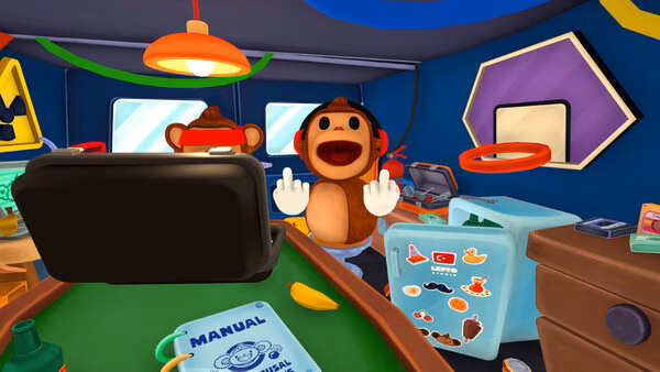 BOMBANANA! screenshot showing a smiling monkey with red headphones gesturing near a green table.