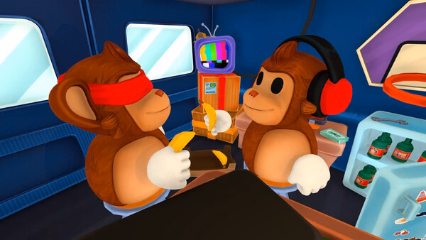 BOMBANANA! game screenshot: two cartoon monkeys, one blindfolded holding banana, one with headphones in a blue room.