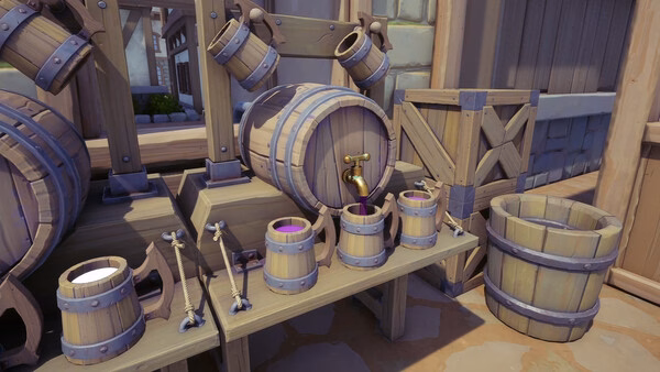 Alchemy Factory screenshot: wooden barrels and mugs of colorful potions on a workbench.