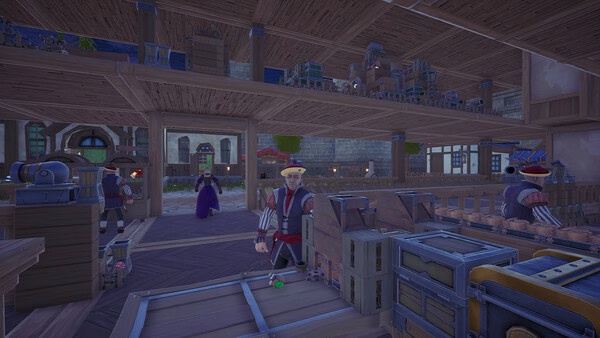 Alchemy Factory screenshot: a worker in a striped shirt stands in a busy wooden factory workshop.