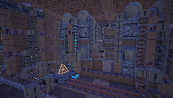Alchemy Factory screenshot showing a towering voxel factory with glowing blue machines and a central triangular structure.