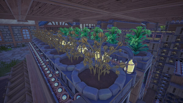 Alchemy Factory screenshot: rows of leafy plants in stone planter beds under wooden beams.