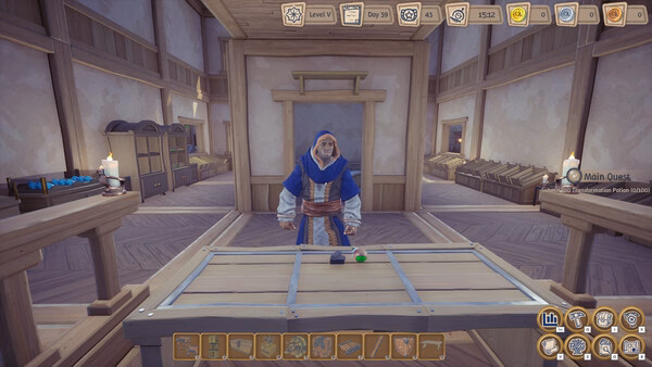 Alchemy Factory screenshot: elderly blue-hooded man behind wooden table in a workshop