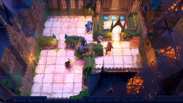 screenshot of Order of the Sinking Star showing a top-down courtyard with pink markings and characters.