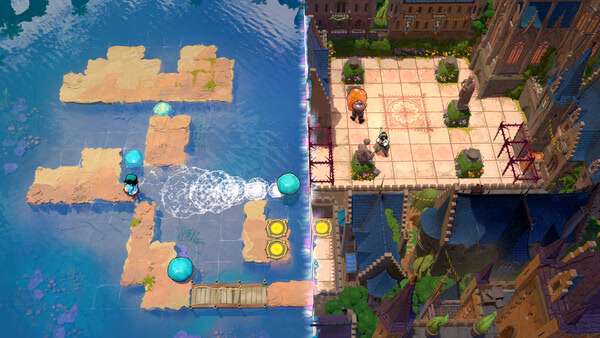screenshot of Order of the Sinking Star showing a split-screen puzzle: a flooded ruin with glowing orbs and a town square with characters.