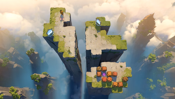 Order of the Sinking Star screenshot showing floating islands, a character, and orange puzzle blocks.