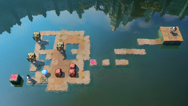 Order of the Sinking Star screenshot: characters on floating stone platforms in water.