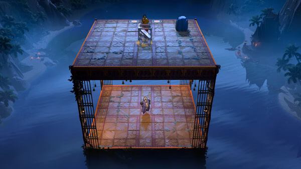 Order of the Sinking Star screenshot: a character stands on a two-tiered floating wooden platform over dark water.