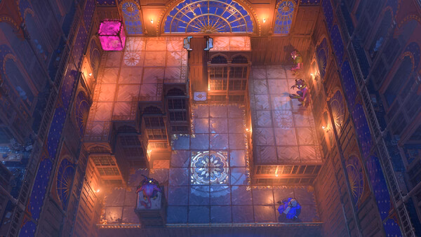 Order of the Sinking Star screenshot showing top-down puzzle room with pink block and characters.