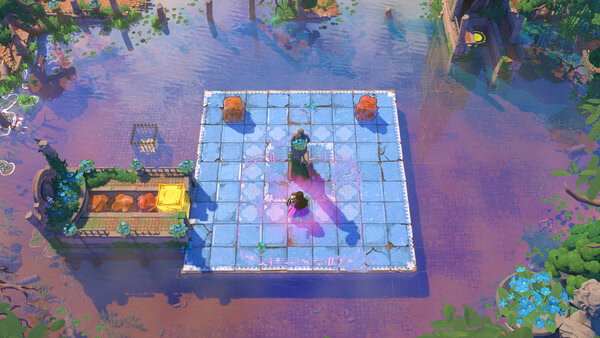 Order of the Sinking Star screenshot: a hero on a grid battlefield amid flooded ruins with chests and magic.
