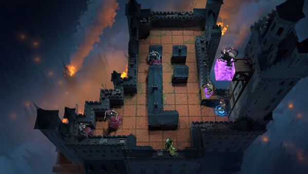 Game screenshot of Order of the Sinking Star showing heroes battling on a fiery castle rooftop.