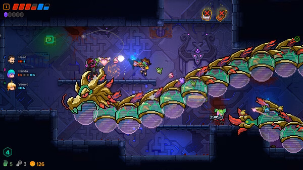 Neon Abyss 2 screenshot: pixel-art heroes battle a long golden dragon boss with green segments and purple orbs.