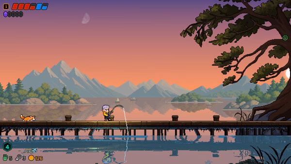 Neon Abyss 2 screenshot: a character fishes from a wooden dock over calm water with mountains at sunset.