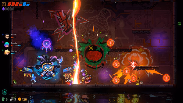 Neon Abyss 2 screenshot showing a green monster boss fight with lasers and explosions.