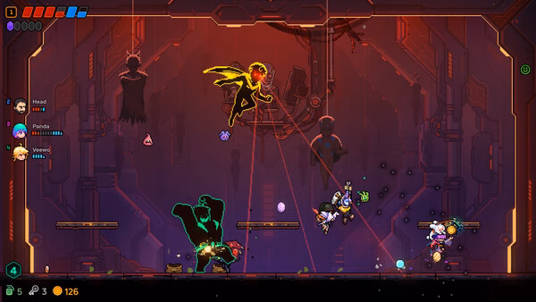Neon Abyss 2 screenshot: a yellow-glowing hero dashes through a red industrial room amid bullets and enemies.