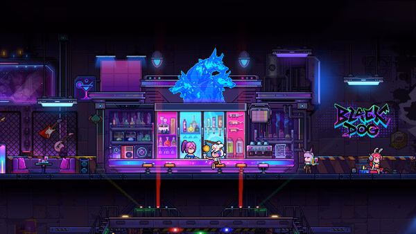Screenshot of Neon Abyss 2 showing a neon cyberpunk bar with a large blue crystal creature, bartender, and patrons.