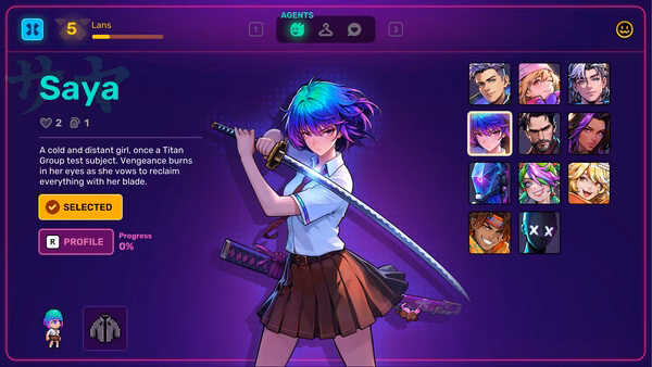 Neon Abyss 2 screenshot showing Saya, a blue-haired katana-wielding girl, on character selection screen.
