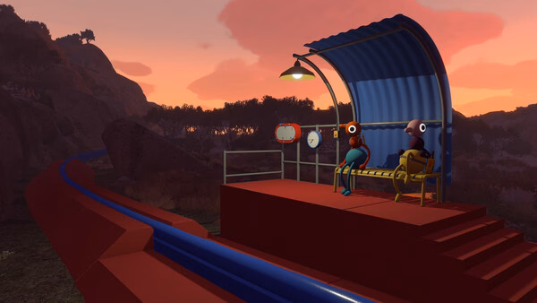 Big Walk screenshot: two cartoon characters sit on a bench at a cliffside stop under a sunset sky.