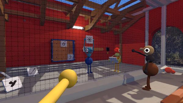 Big Walk screenshot shows bird-like characters holding signs in a red-walled room.