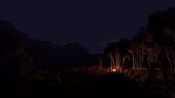 Big Walk screenshot showing a small campfire glowing red among dark trees under a starry night sky.