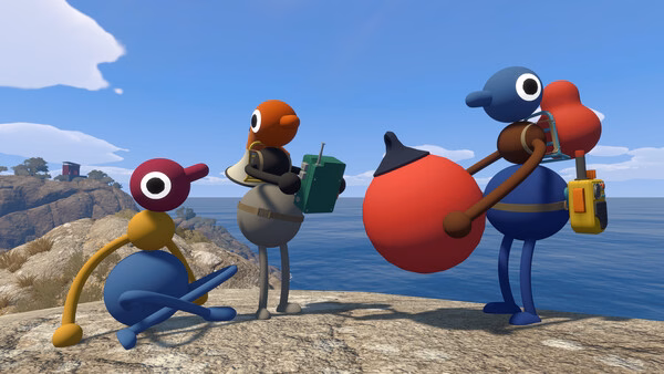 Big Walk screenshot: three colorful cartoon characters on a rocky shore by the sea.