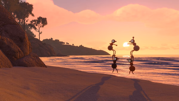 Big Walk screenshot shows two quirky silhouetted characters on a beach at sunset.