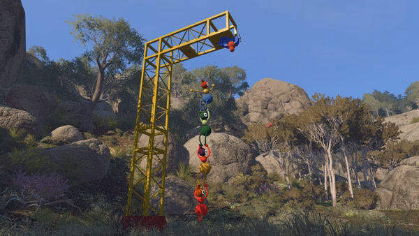 Big Walk screenshot: colorful characters dangling from a yellow metal beam over rocks.