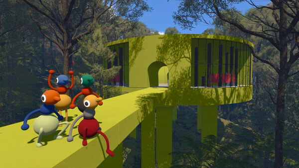 Big Walk screenshot showing colorful characters on a green walkway outside a modern round building in a forest.