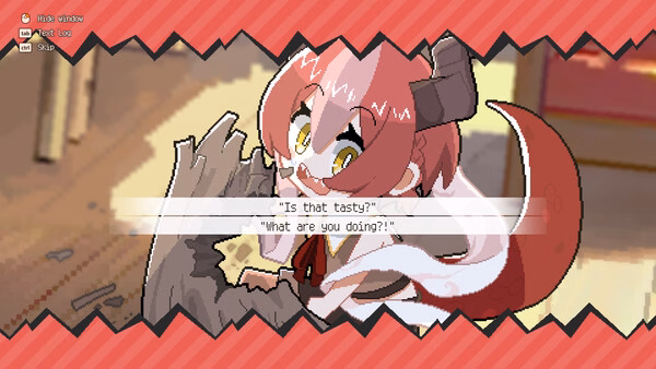 DRAPLINE screenshot: pink-haired squirrel girl with yellow eyes gnaws a wooden plank.