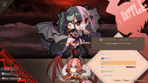 DRAPLINE screenshot of a battle with a grey-and-pink dragon girl and a small pink dragon girl in a dark arena.