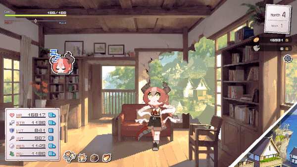 DRAPLINE screenshot: anime girl with pink hair and horns in a cozy room, game UI visible.