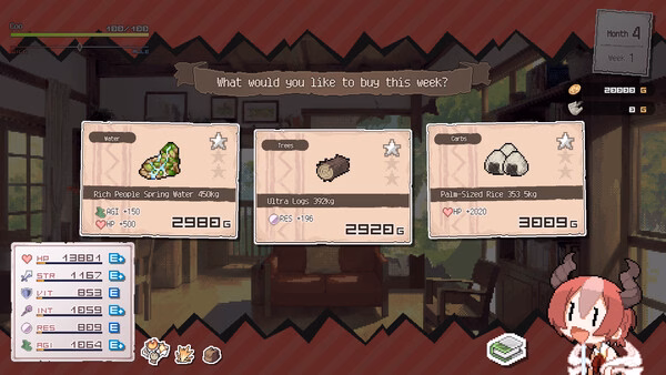 DRAPLINE screenshot: a shop menu with three items and a chibi anime shopkeeper girl.