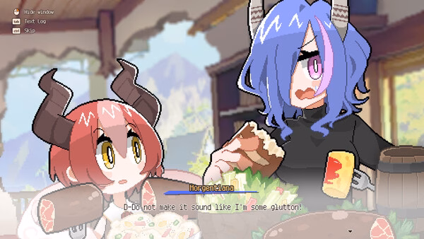 DRAPLINE screenshot: a red-haired horned girl and a blue-haired horned girl eating at a table with dialogue.