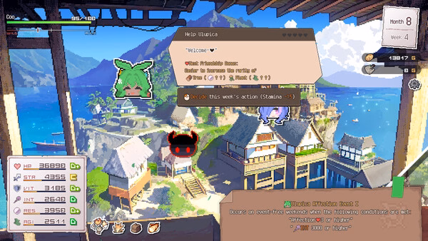 DRAPLINE screenshot showing a green mascot character and coastal village with UI menus.