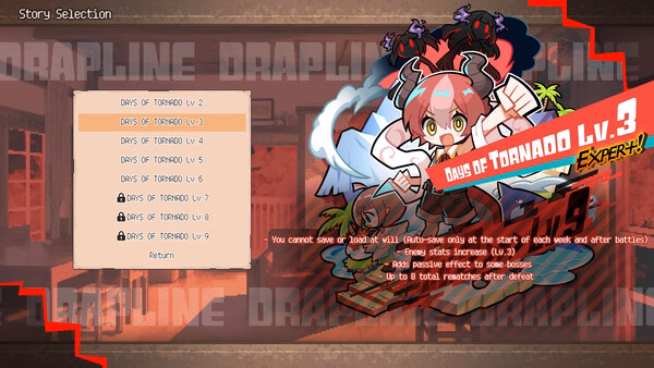 DRAPLINE screenshot of Story Selection with Days of Tornado Lv.3 banner and anime character art.