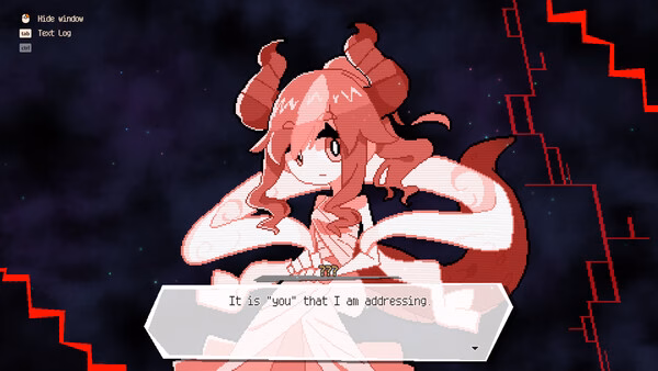 DRAPLINE screenshot showing a pink-haired demon girl with horns and a dialogue box that reads 'It is you that I am addressing'.