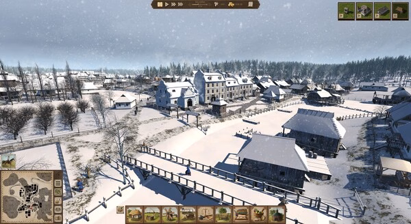 Ostriv screenshot: snowy village with wooden buildings, fences, and winter landscape.