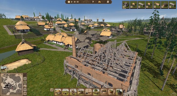 Ostriv screenshot of a village with thatched cottages and a wooden building under construction.