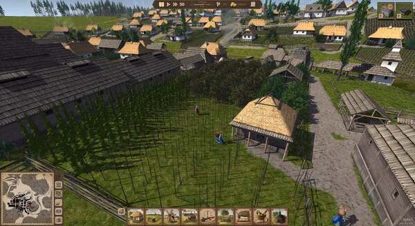 Ostriv screenshot: a rural village with thatched-roof houses, fenced fields, and villagers.