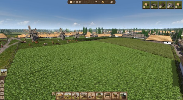Ostriv screenshot showing a large green field, windmills, and a village with livestock.