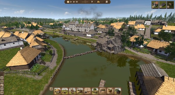 Ostriv screenshot showing a rural village with thatched-roof houses and a wooden bridge over a river.