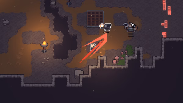 Sephiria screenshot: pixel-art warrior unleashes a red slash attack on a robot in a dark dungeon.