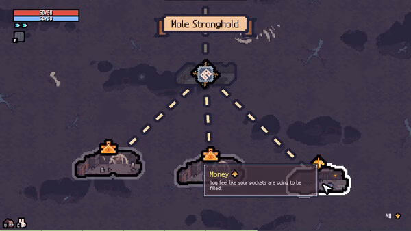 Sephiria screenshot showing Mole Stronghold map nodes and Money tooltip interface.