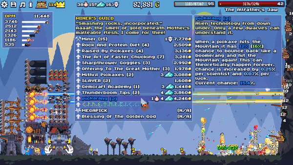 Dwarf Eats Mountain screenshot showing the Miner's Guild tooltip and upgrade list.